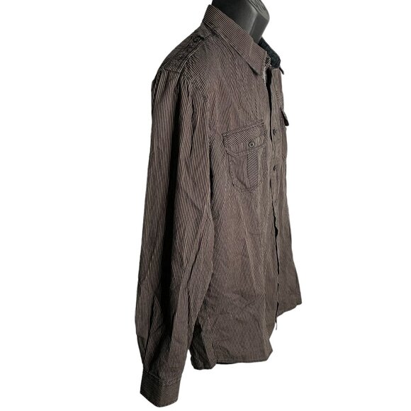 Eighty Eight Button Up Long Sleeve Shirt L Black Tan Striped Pockets Collar Zip - Picture 5 of 6